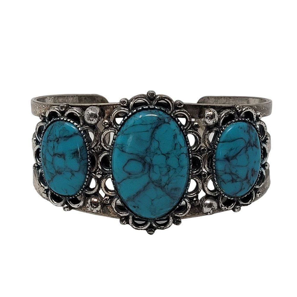 Vintage 90's Silver Tone Faux Turquoise Filigree Cuff Bracelet Southwestern Boho